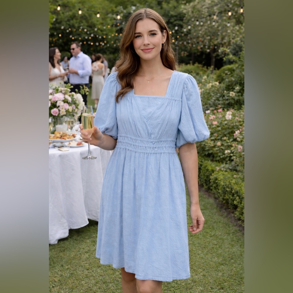 👗 Crepe Dress Light Blue Calvin Klein Puff Sleeves
